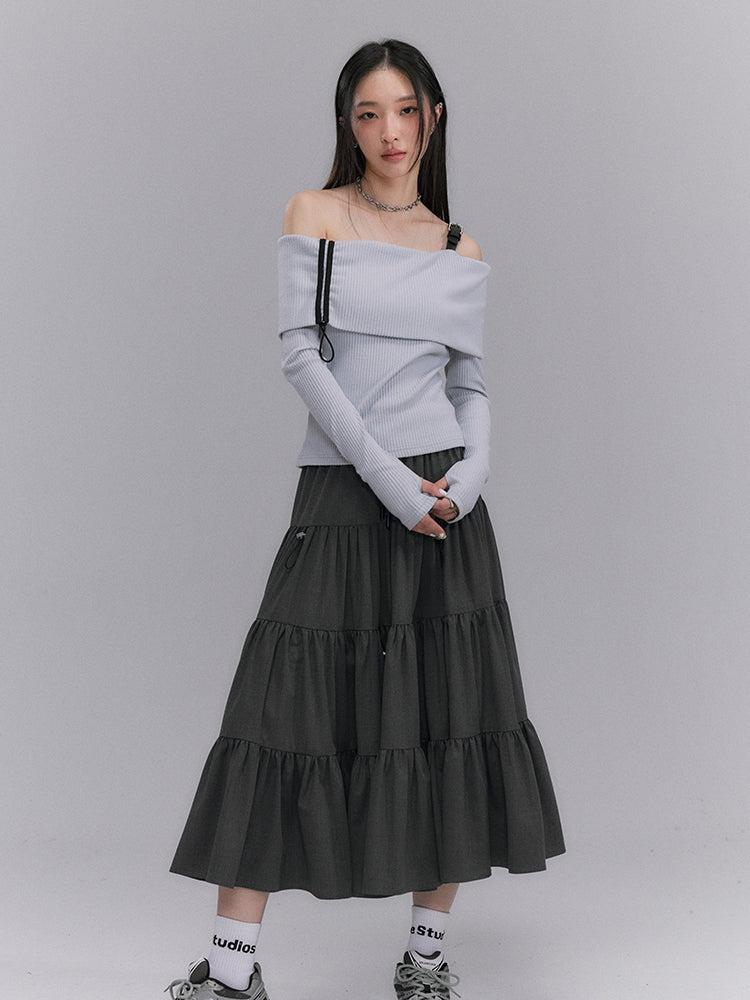 Tiered Pleaats Crumply Flare Drawstring Long-Skirt