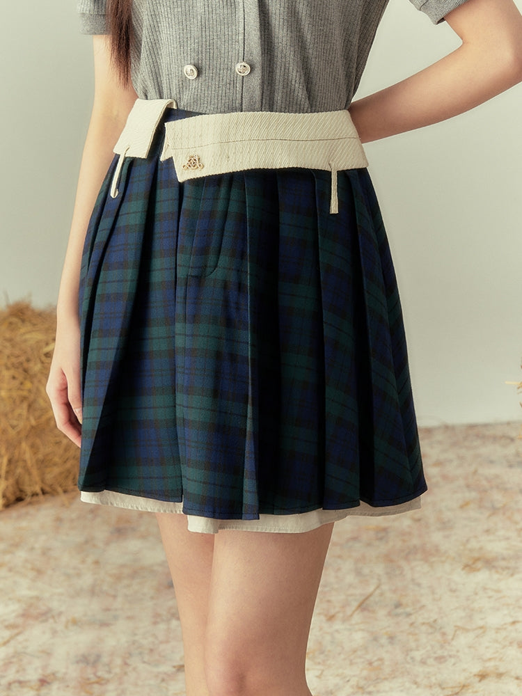 CHECKED PLEATS GIRLY SHORT SKIRT