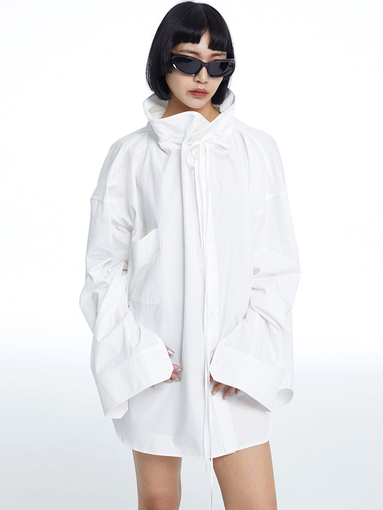 High-neck oversize Nichi-Collar Drawstring Blouse