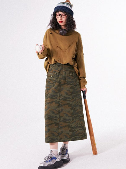 CAMOUFLAGE FLARE CASUAL LONG-SKIRT