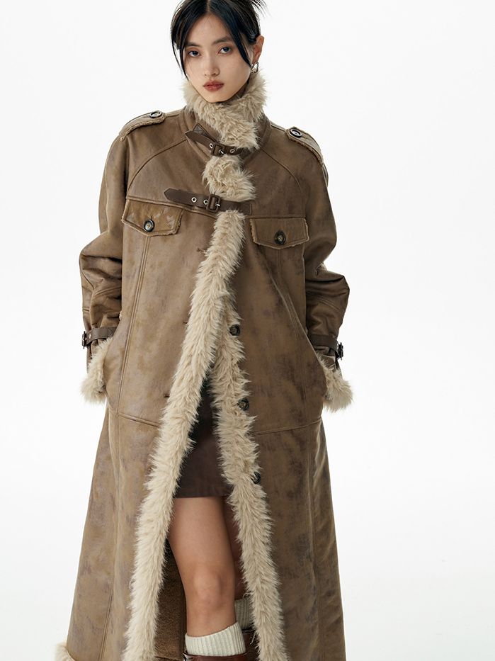 FUR RETRO STAND-COLLAR LONG-COAT