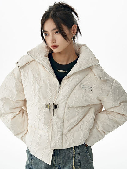 Embroidery Asymmetry Hoodie Short Down-Jacket