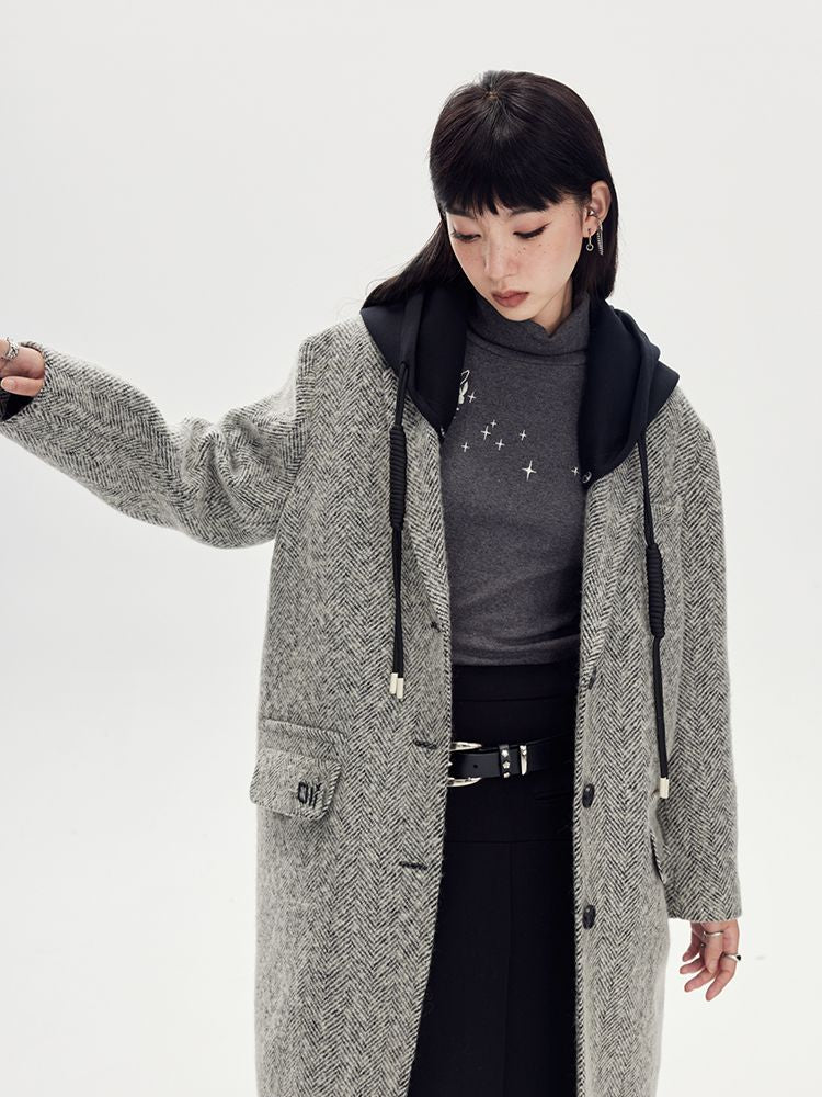 Bi-Color Hoodie Long Casual Wool-Coat