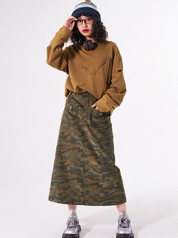 CAMOUFLAGE FLARE CASUAL LONG-SKIRT