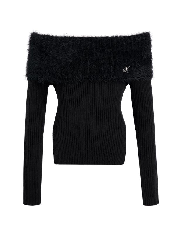 Off-Shouder Side-Slit Fur Rib-Knit