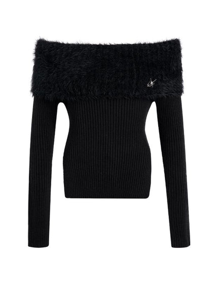 Off-shoulder Side-slit Fur Rib-knit