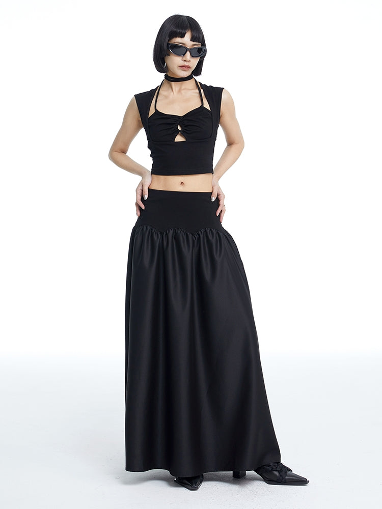 2way Plain Flare Bare-Tops Long-Skirt