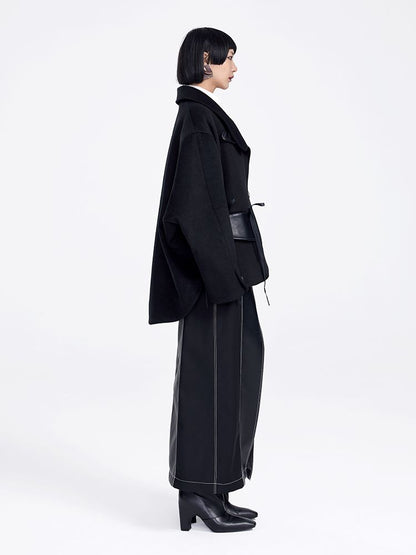 Wool Leather Mix Middle Coat