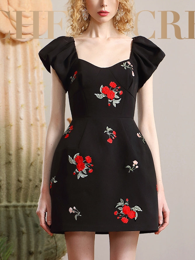 Embroidery Flower Back-OPEN ELEGANT ONE-PIECE Dress