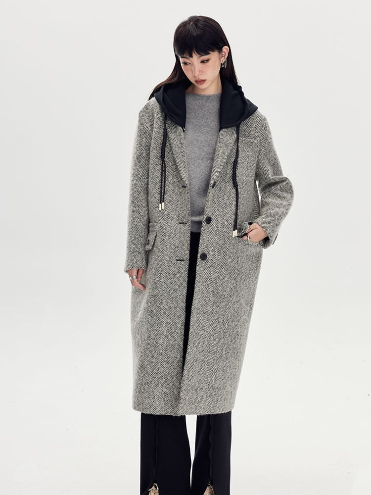 Bi-Color Hoodie Long Casual Wool-Coat