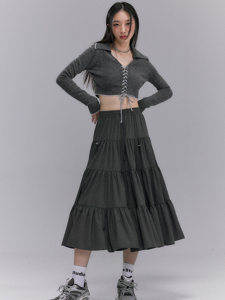 Tiered Pleaats Crumply Flare Drawstring Long-Skirt