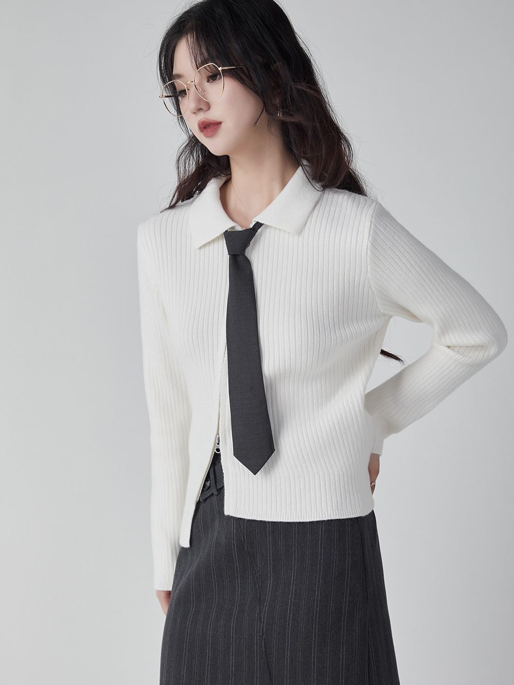 Asymmetry Fastener Polo-Neck Mature Knit