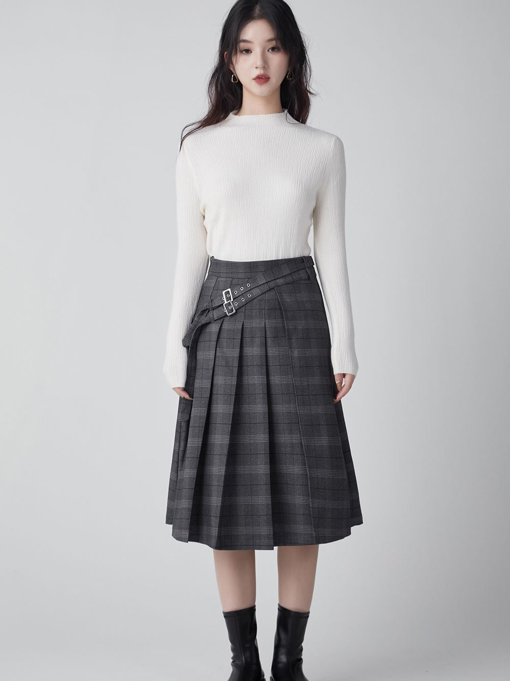 Collage-style Pleats Long Plaid Skirt