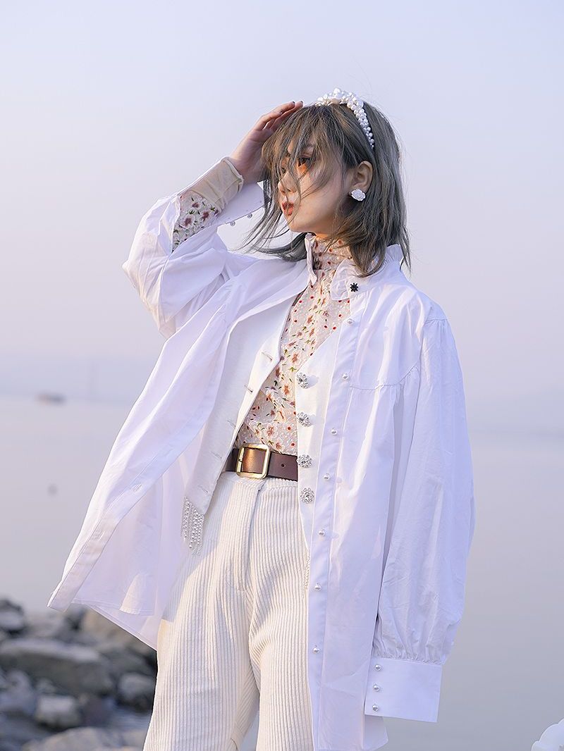 High-neck Floewr Retro Crumply Blouse