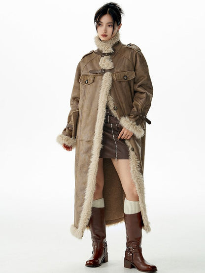 FUR RETRO STAND-COLLAR LONG-COAT