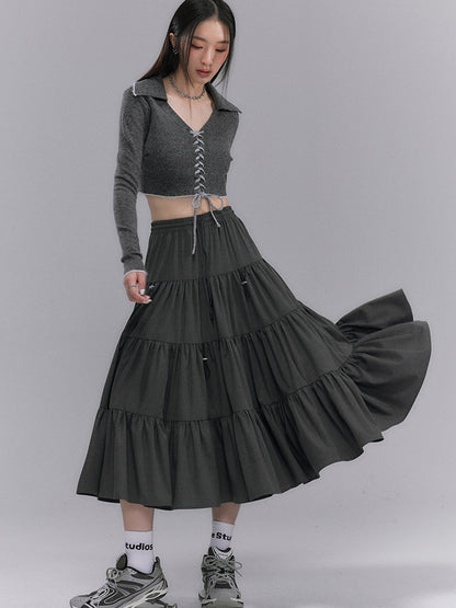 Tiered PLEAATS CRUMPLY FLARE DRAWSTRING LONG-SKIRT