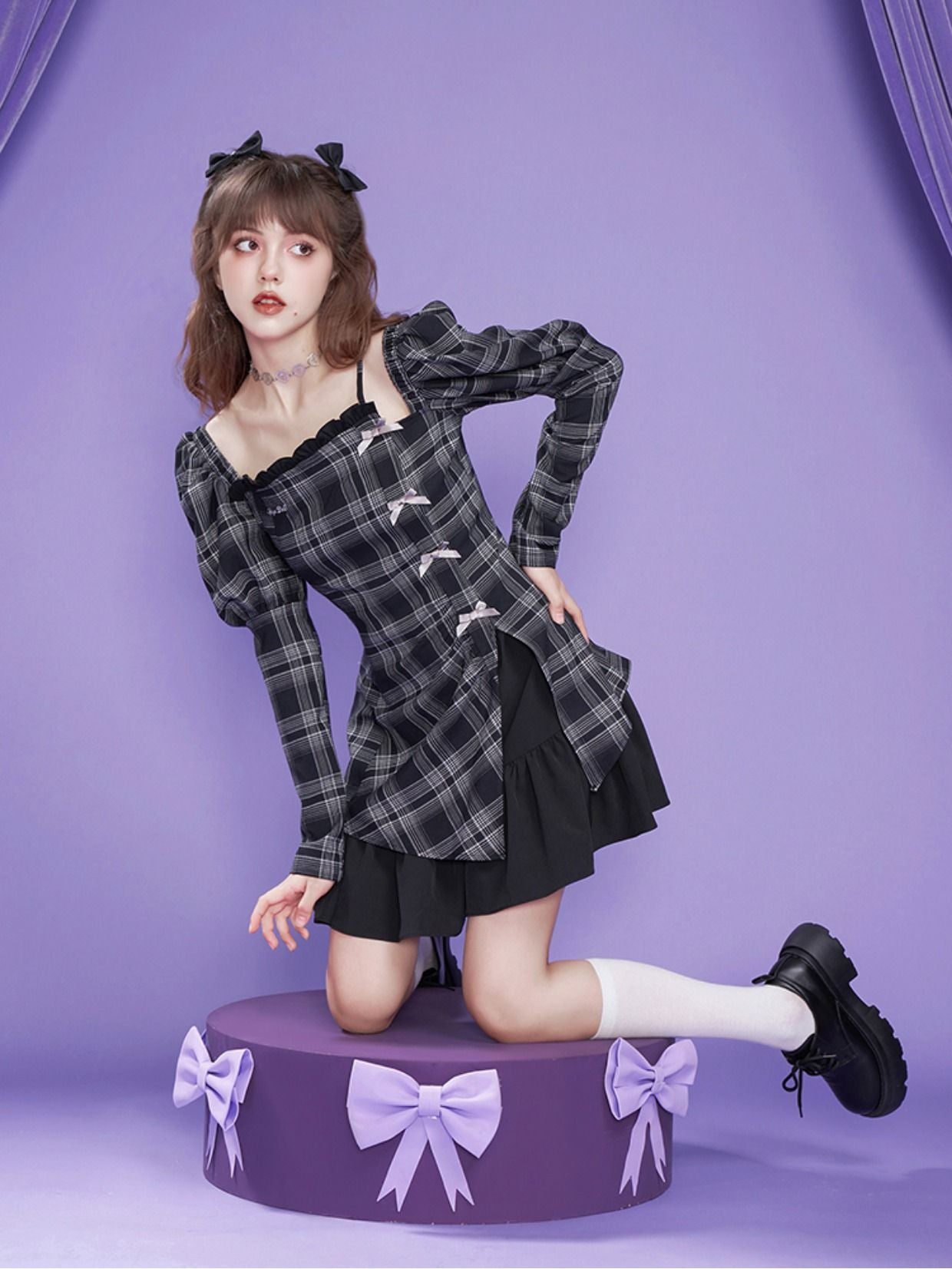 Checked Ribbon Frill Girly ONE-PIECE