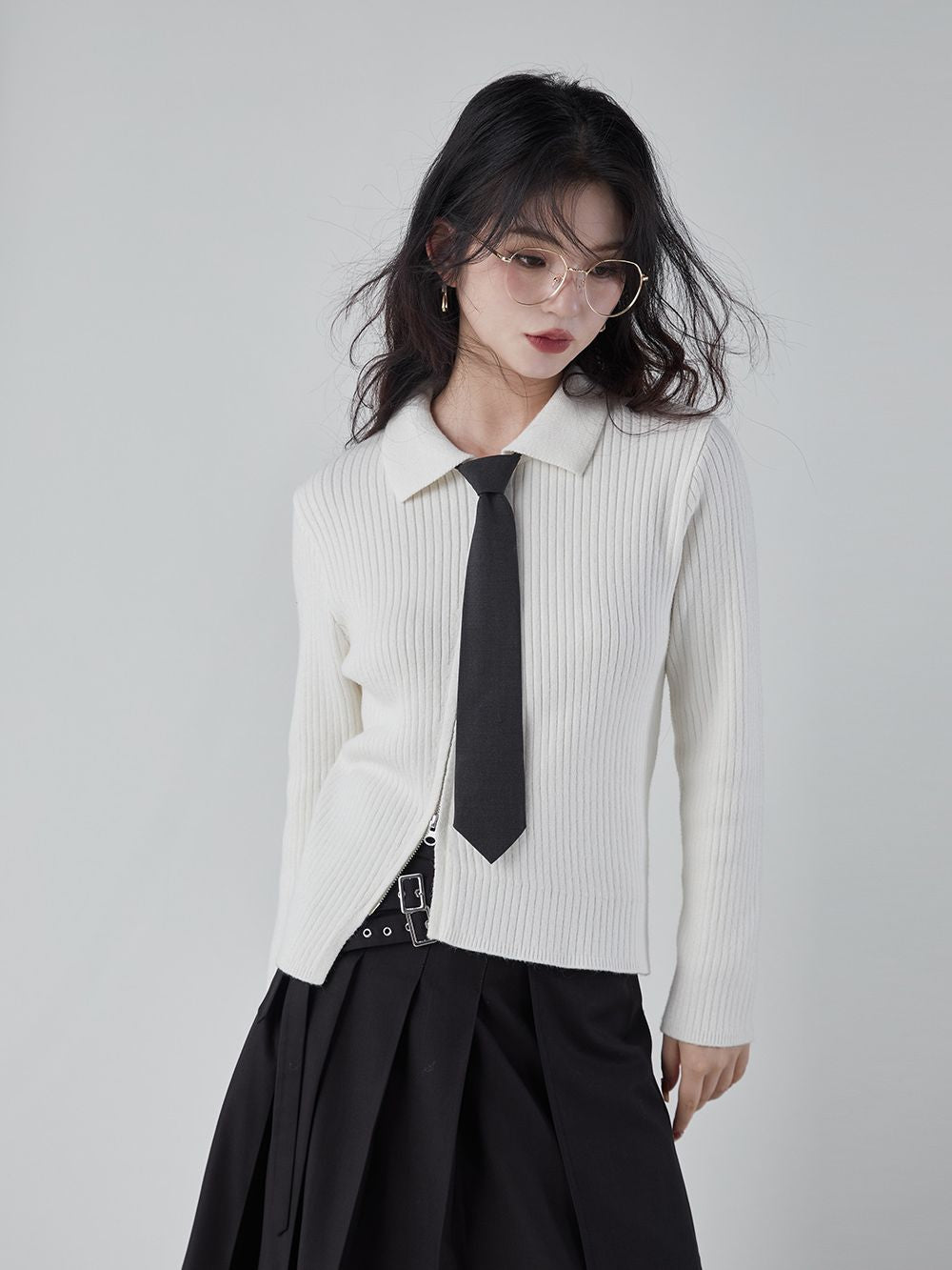 Asymmetry Fastener Polo-Neck Mature Knit