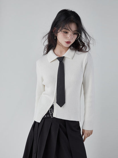 Asymmetry Fastener Polo-neck Mature Knit