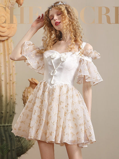 Opne-shoulder Princess Flare-sleeve Embroidery Dress