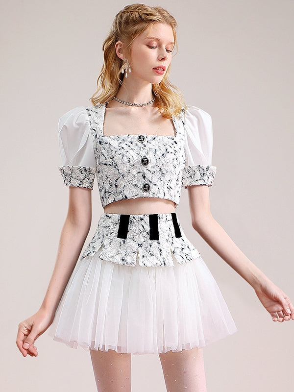 Tops＆Short-Skirt Embroidery Floral Tulle Cropped chic Set-up