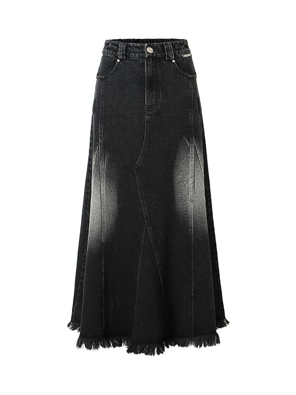 Cut-off Vintage Faded Flare Denim Long-Skirt