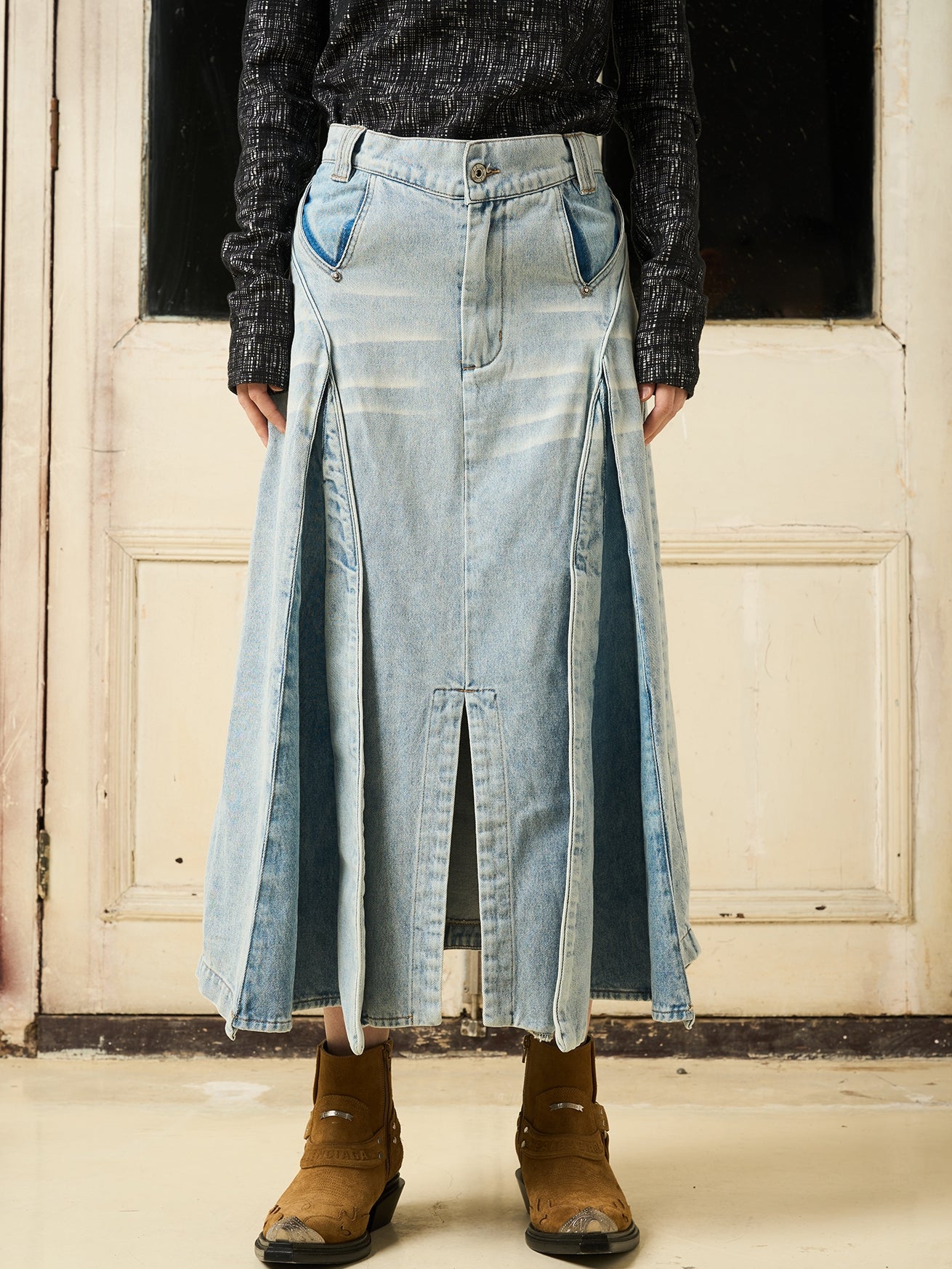 Denim Long PLEATS SLIT FLARE-SKIRT