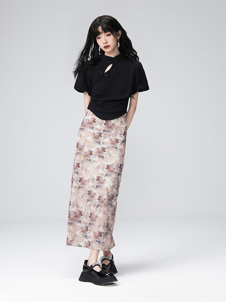 Puff-sleeve Flower Retro Blouse＆Pencil-Skirt