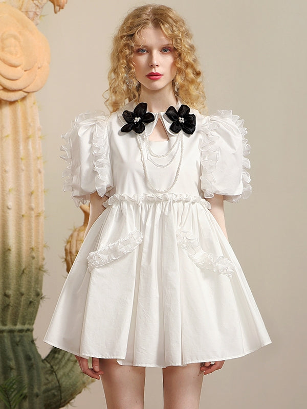 Frill Nichi Flare Flower-Motif Sweet Dress