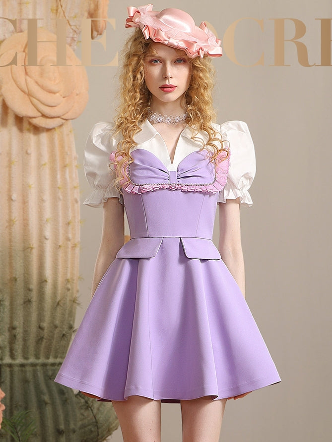 Ribbon Lace Puff-sleeve Retro Girly One-piece