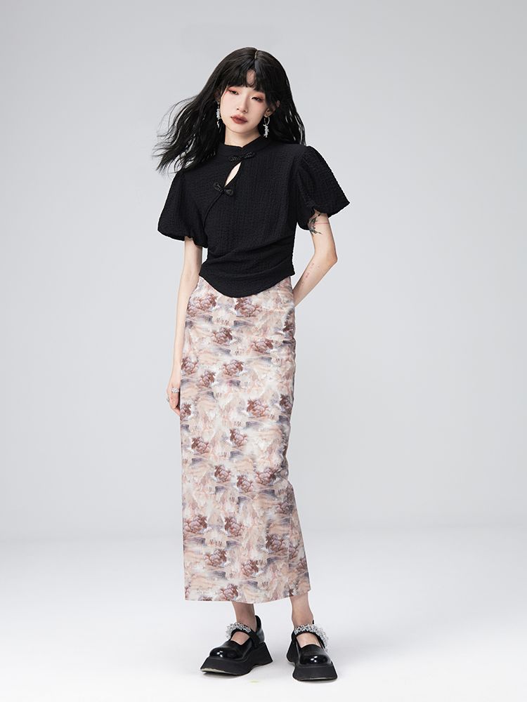 Puff-sleeve Flower Retro Blouse＆Pencil-Skirt