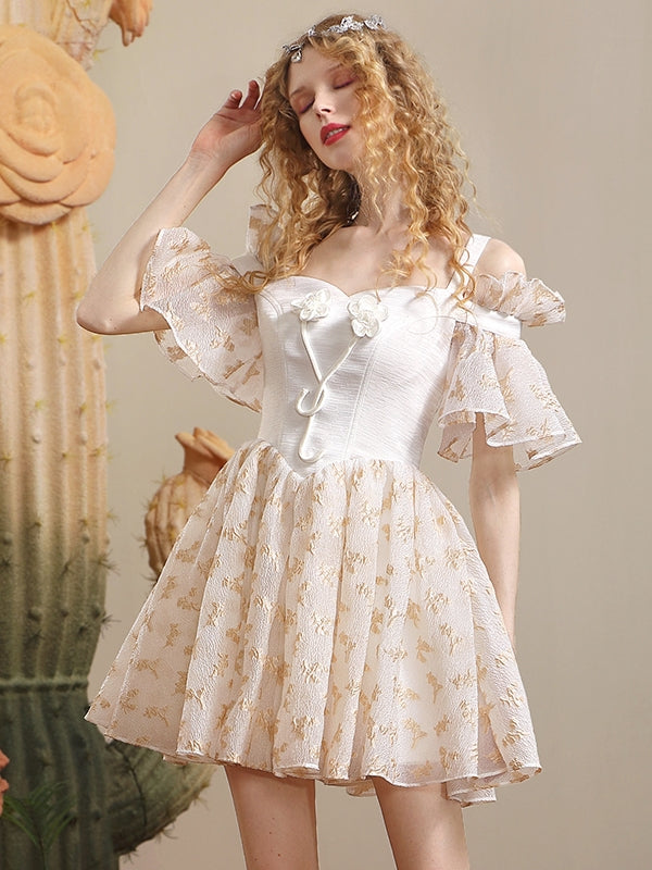 OPNE-SHOULDER PRINCESS FLARE-SLEEVE EMBROIDERY Dress