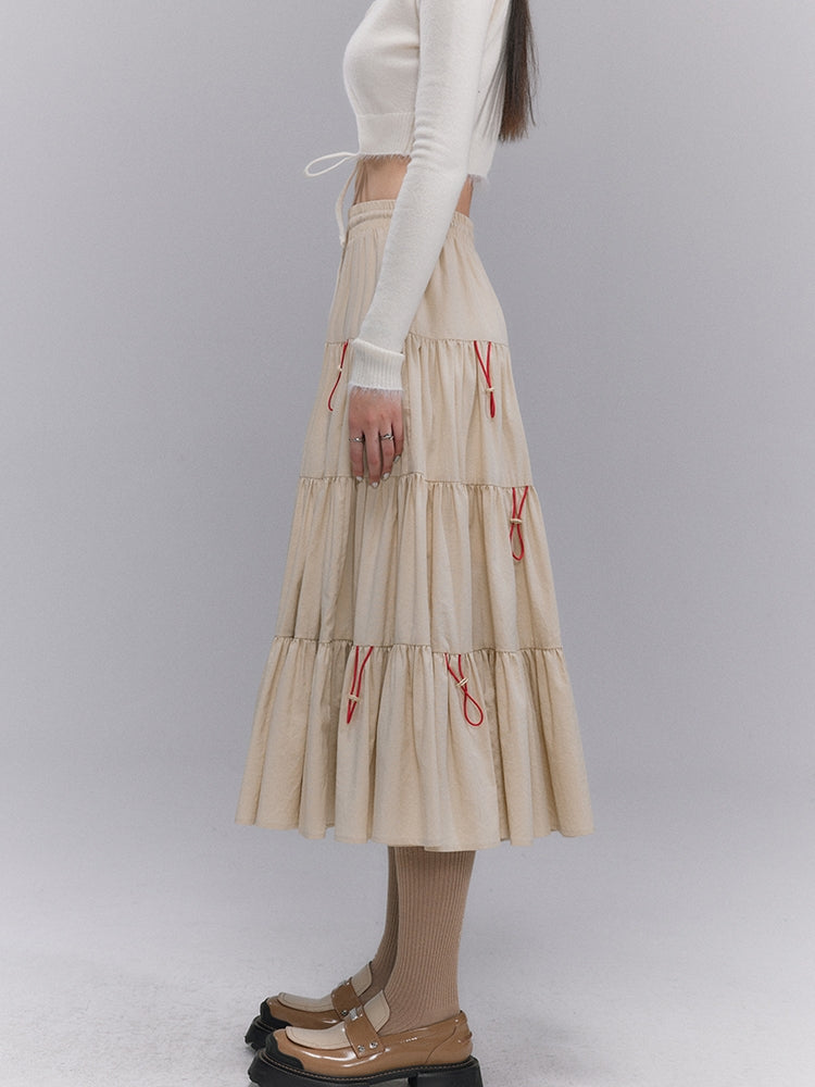 Tiered PLEAATS CRUMPLY FLARE DRAWSTRING LONG-SKIRT