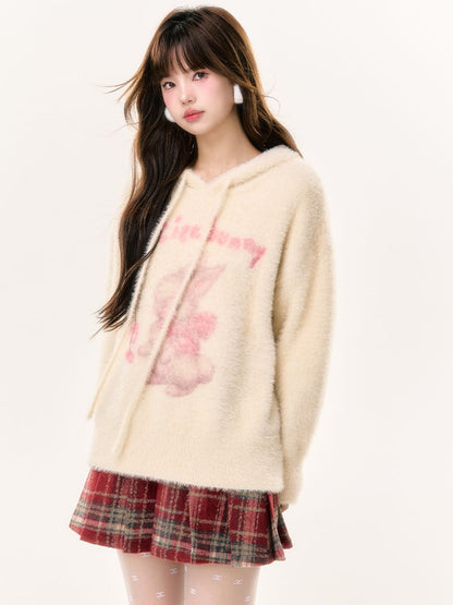 Sweat à capuche en fourrure de lapin en tricot parka lâche