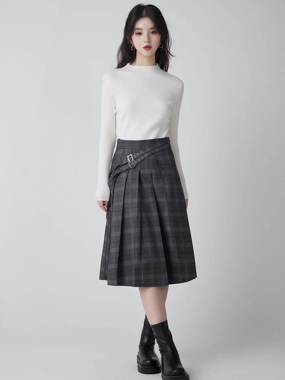 Collage-style Pleats Long Plaid Skirt