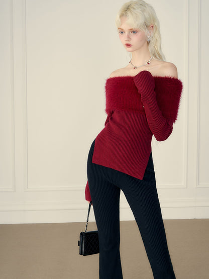 Off-shoulder Side-slit Fur Rib-knit