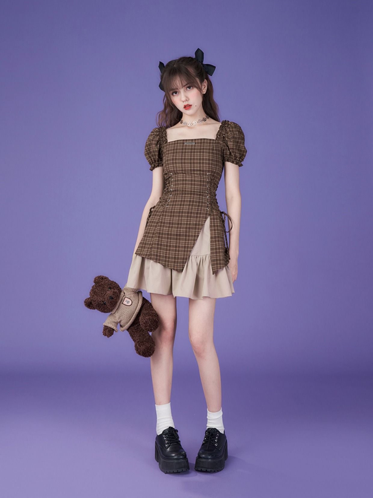 Lace-Up Checked Girly Puff-Sleeve ONE-PIECE