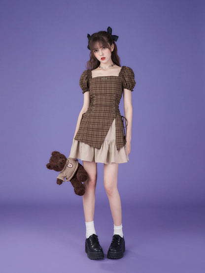 Lace-up Checked Girly Puff-sleeve One-piece