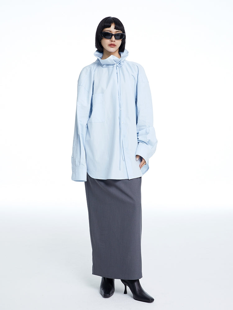 High-neck Oversize Nichi-collar Drawstring Blouse