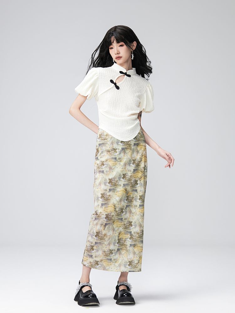 Puff-sleeve Flower Retro Blouse＆Pencil-Skirt