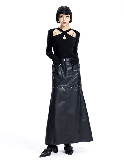 Leather Cool Long Flare Skirt