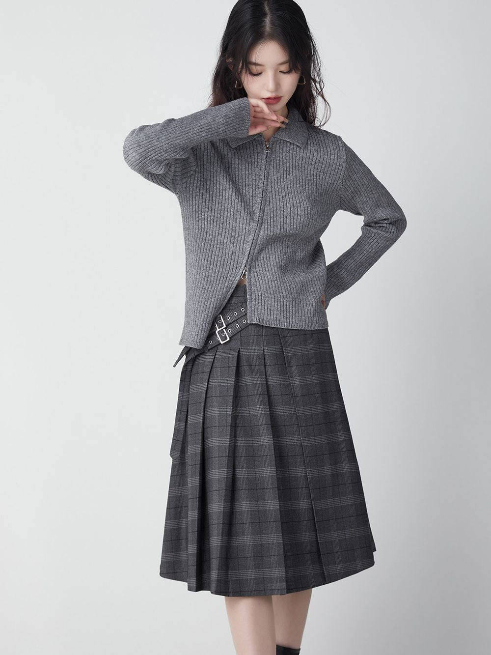 Collage-style Pleats Long Plaid Skirt