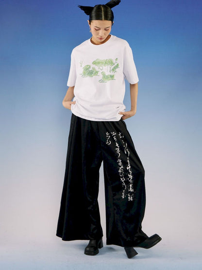 Embroidery Wide-leg Corduroy Pants