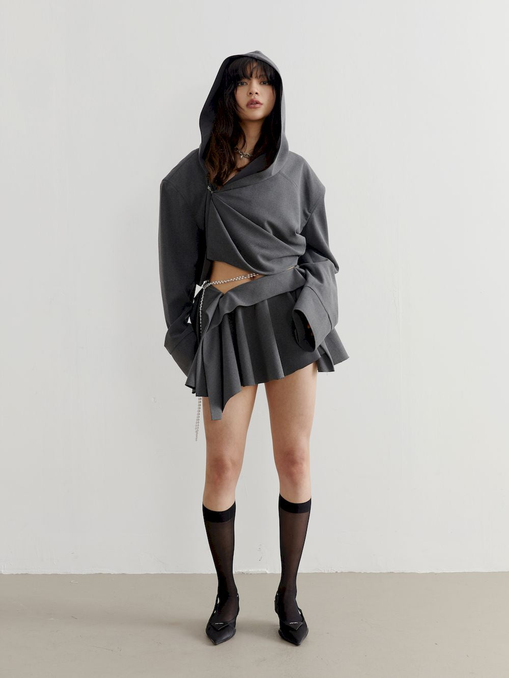 DRAPE HOODIE NICHI LOOSE CROPPED TOPS