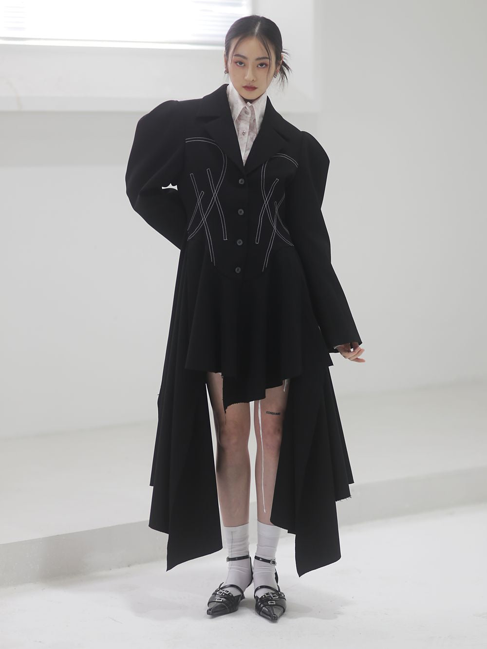 Asymmetry Nichi Balloon-Sleeve Stitch Jacket