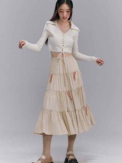 Tiered PLEAATS CRUMPLY FLARE DRAWSTRING LONG-SKIRT