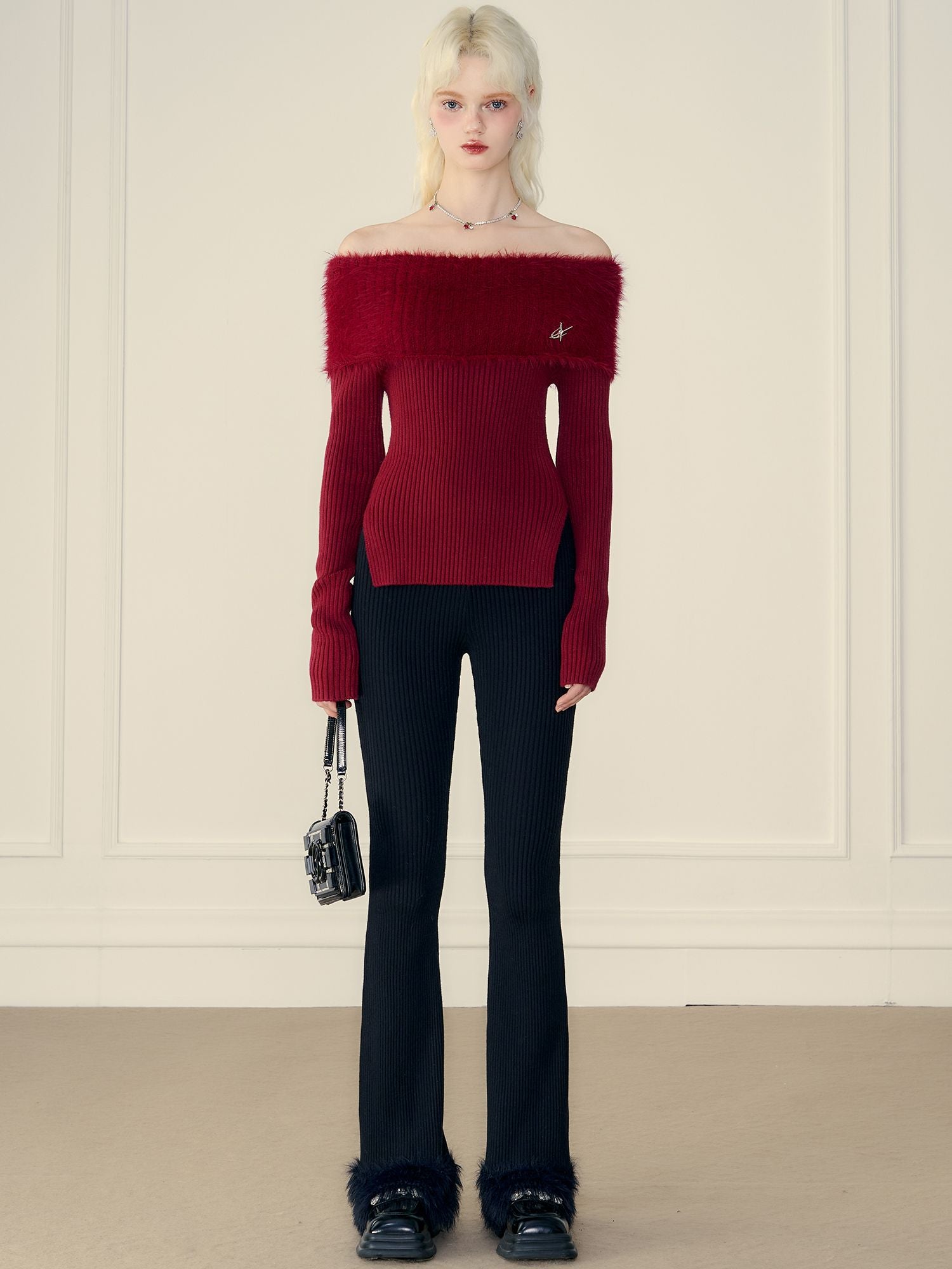 Off-Shouder Side-Slit Fur Rib-Knit