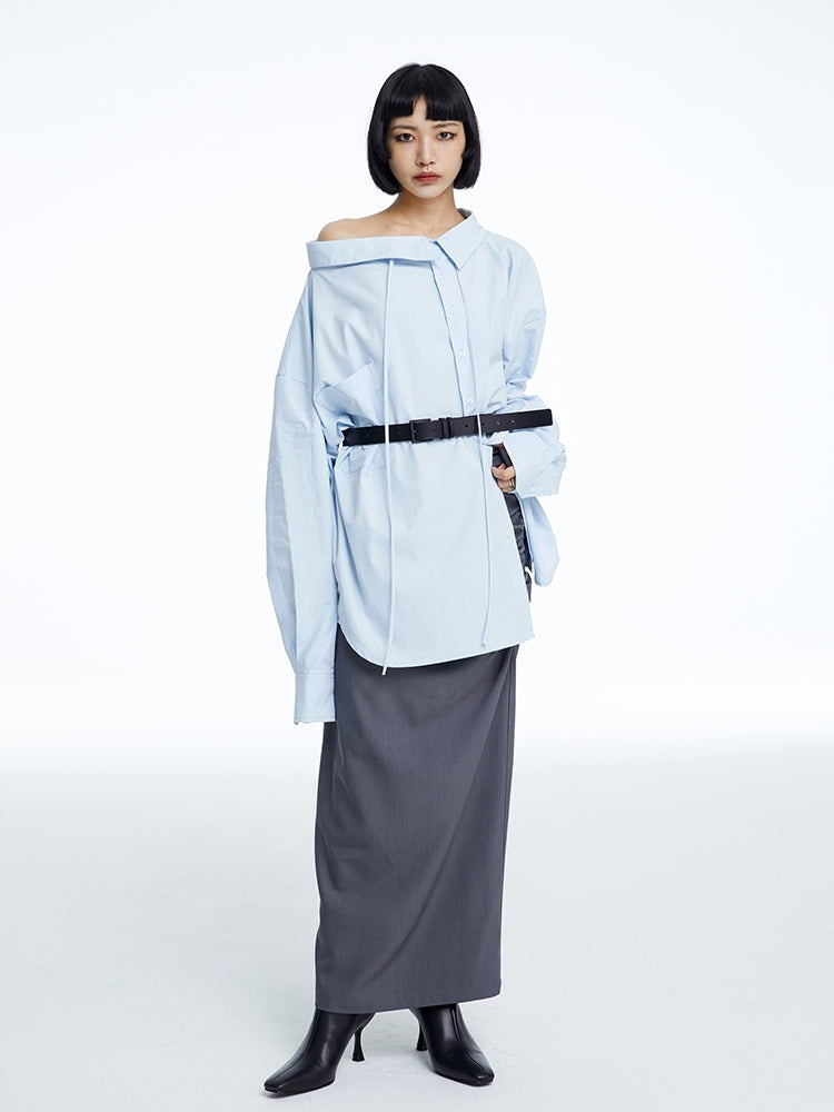 High-neck Oversize Nichi-collar Drawstring Blouse