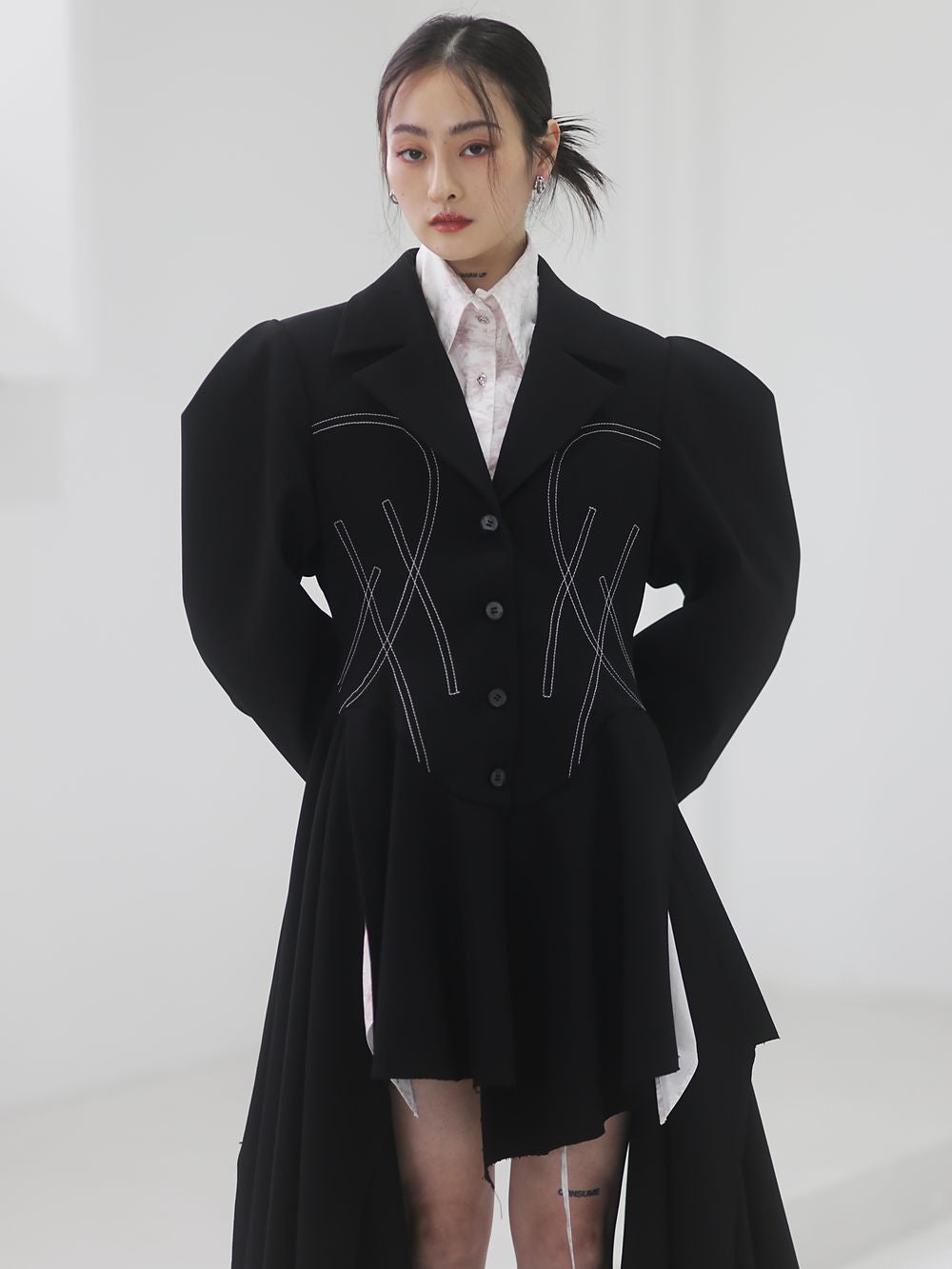 Asymmetry Nichi Balloon-Sleeve Stitch Jacket