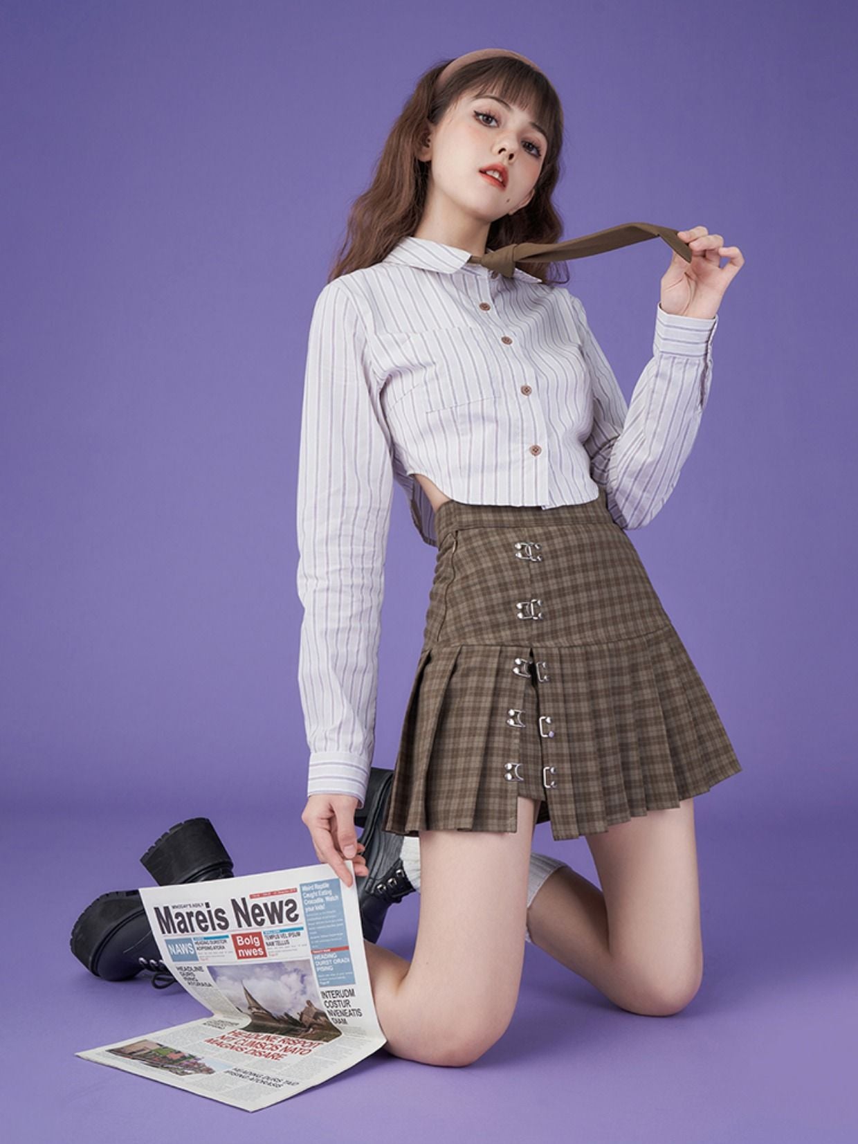 PLEATS CHECKED SHORT GIRLY SKIRT